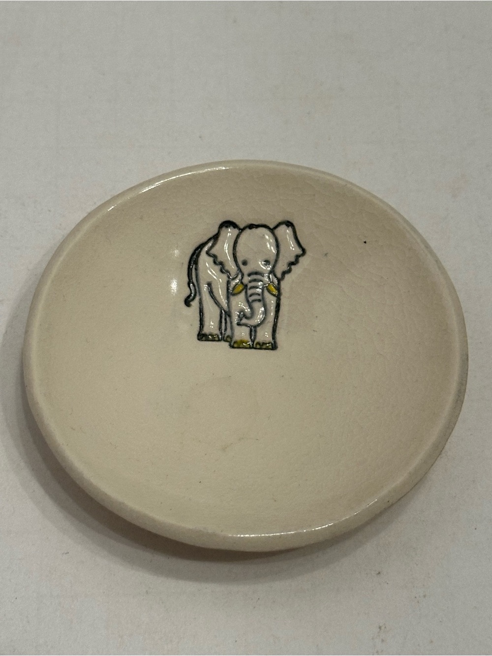 Art Pottery Cream Ceramic Trinket Dish with Elephant Motif Relief